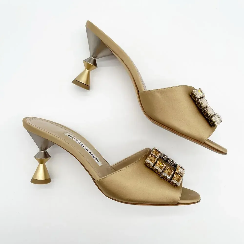 Manolo Blahnik Uliana Golden Brown Satin Crystal Open Toe Mule Heels IT 37